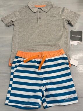 ❣️SALE❣️Eddie Bauer Grey Heather Polo and Orange-Trim Swim Trunks Set, 18. Mo.